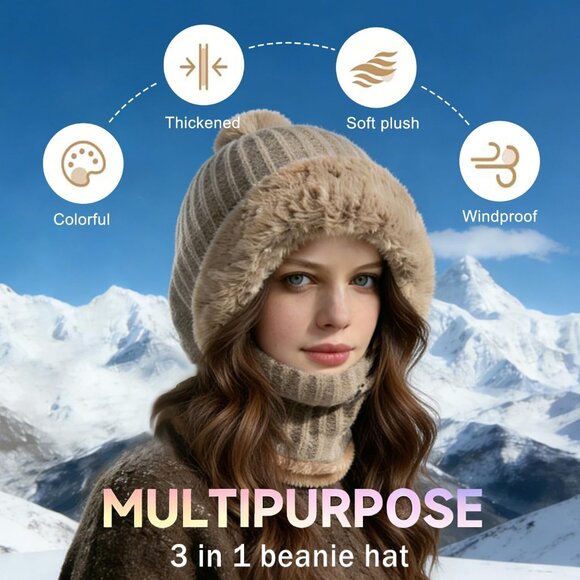 Women 3 in 1 Beanie Hat with Scarf and Mask Winter Warm Knit Ski Scarf Off-White - Picture 2 of 6